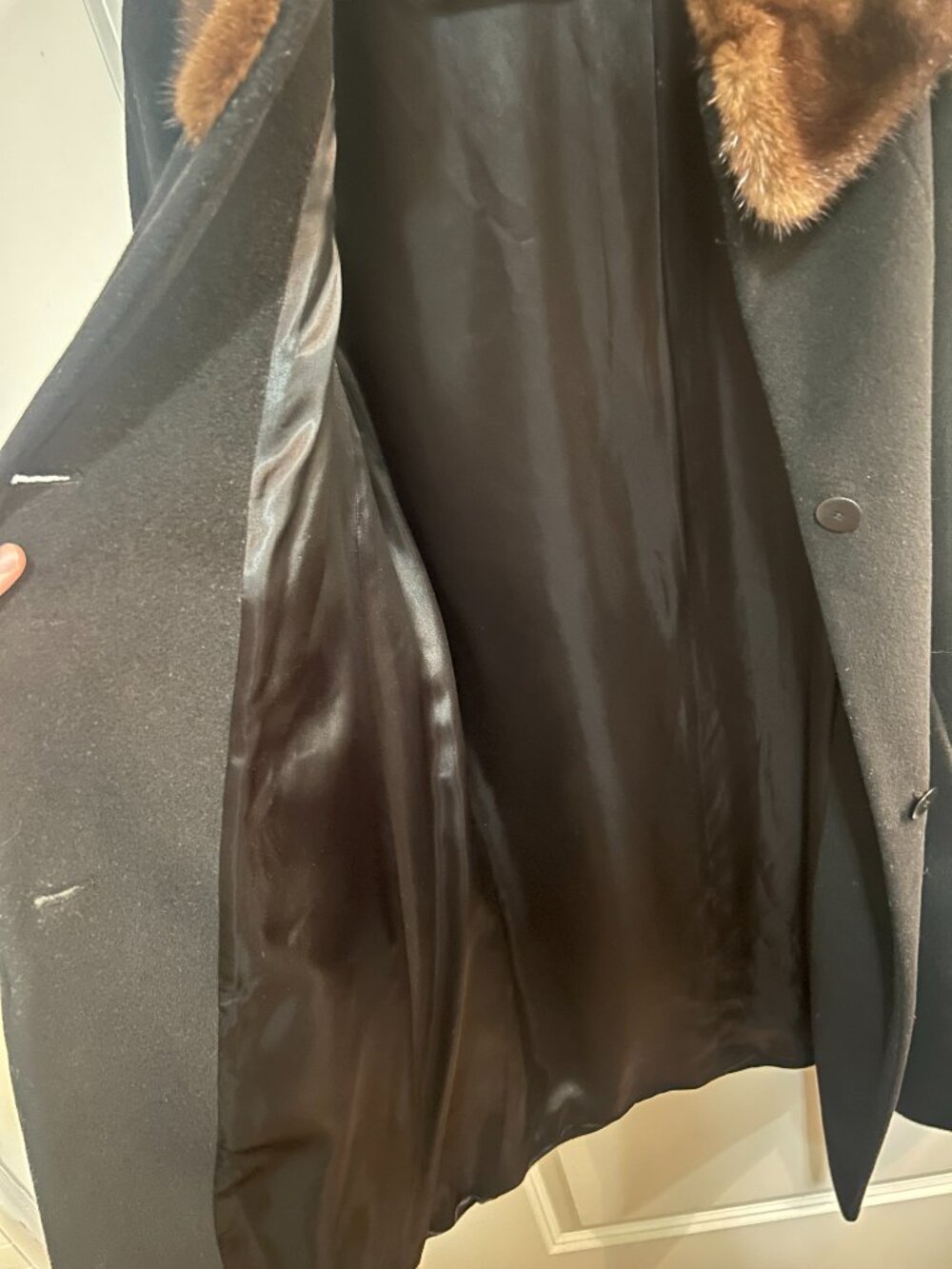 DKNY Black 100% Wool Coat Real Mink Fur Collar Cuffs Size 6 Luxury Vintage - Picture 8 of 13